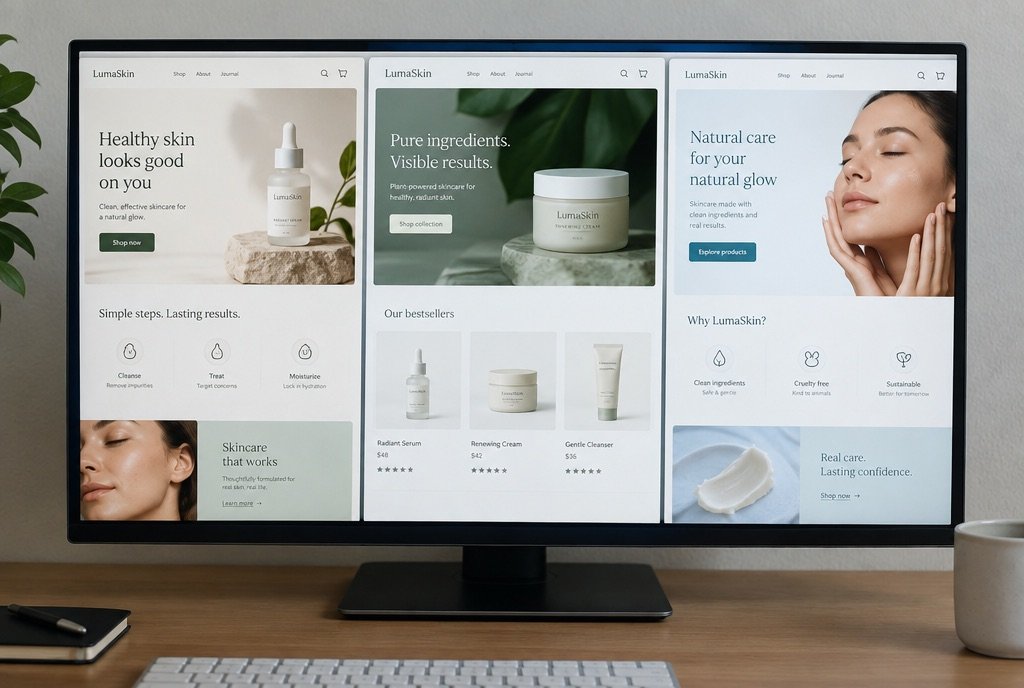 Three landing page drafts side by side on one screen