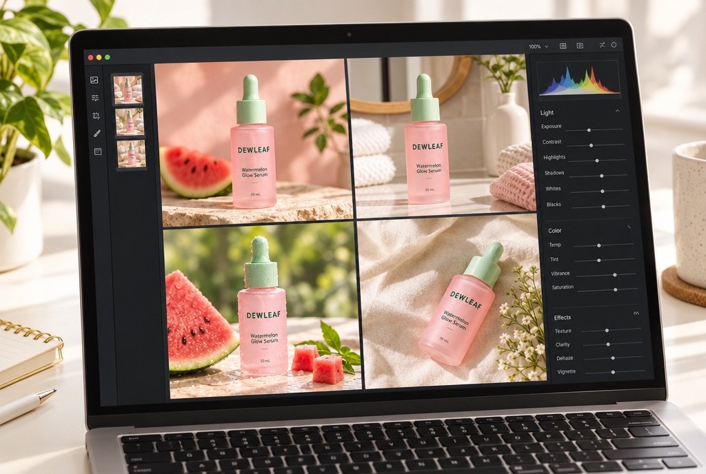 Four product images in a neat grid, matching warm colour grading