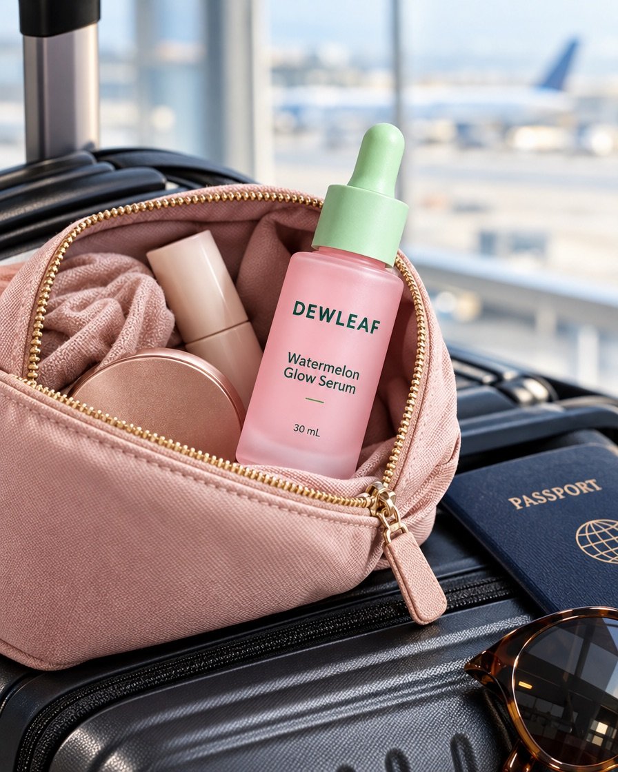 The bottle in a travel pouch on a suitcase