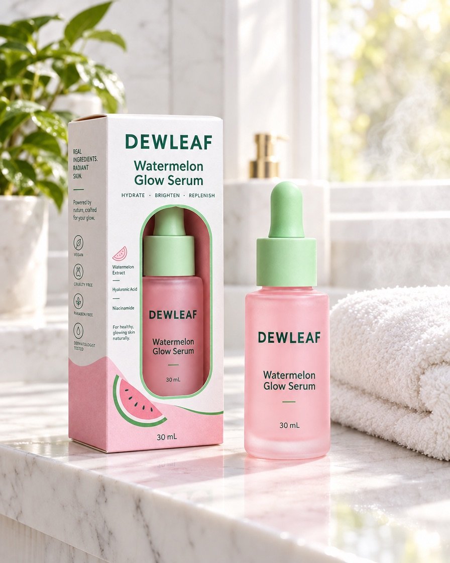 A pink DEWLEAF serum bottle and box on a marble bathroom shelf, soft window light, morning steam