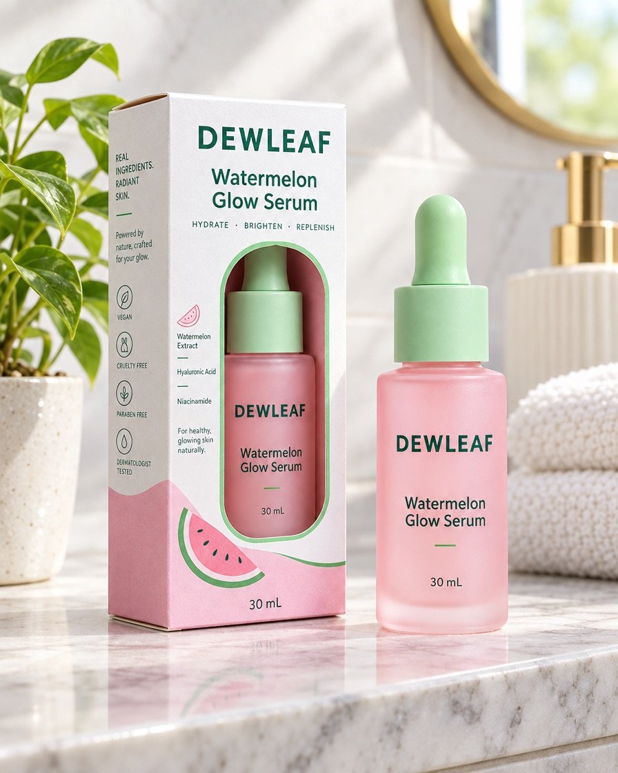 A pink DEWLEAF serum bottle and box on a marble bathroom shelf, soft window light, morning steam, from a different angle