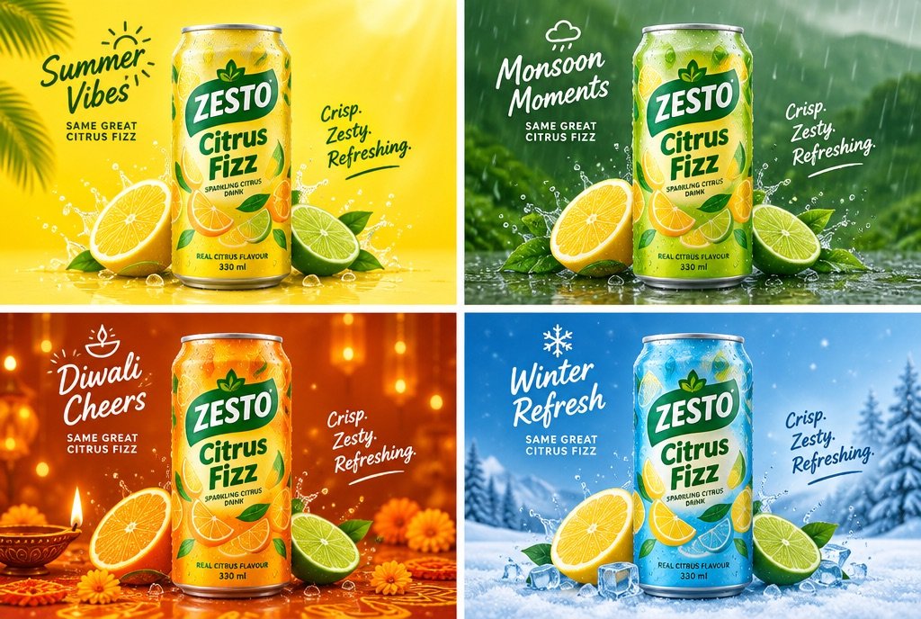 Four thumbnails of one ad in different seasonal colour schemes
