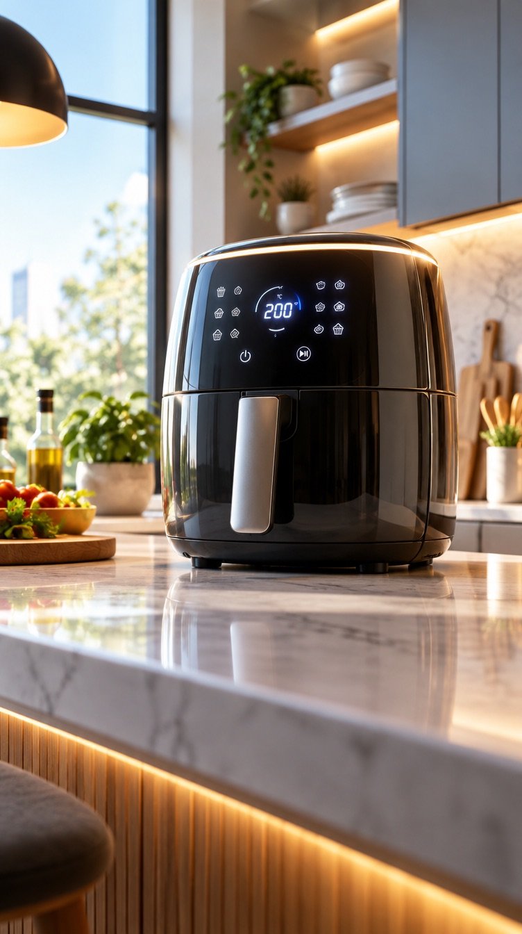 A 3D-rendered modern kitchen with a slow camera push toward a glowing appliance