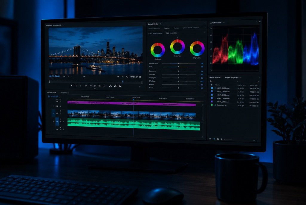 An editing suite with waveform, captions track and colour wheels on screen