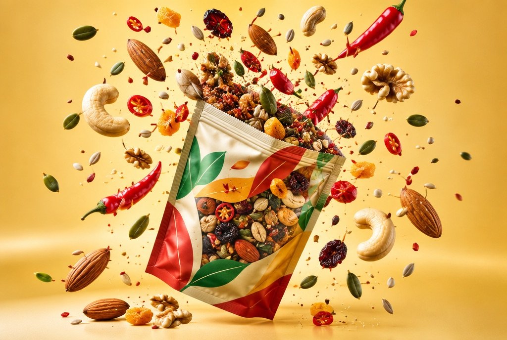 A pack of trail mix with nuts and dried fruit around it.