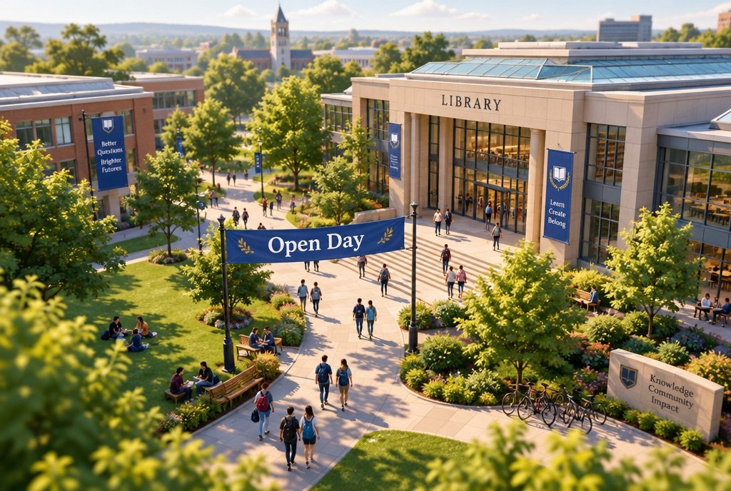 A stylised campus fly-through with a banner that reads Open Day