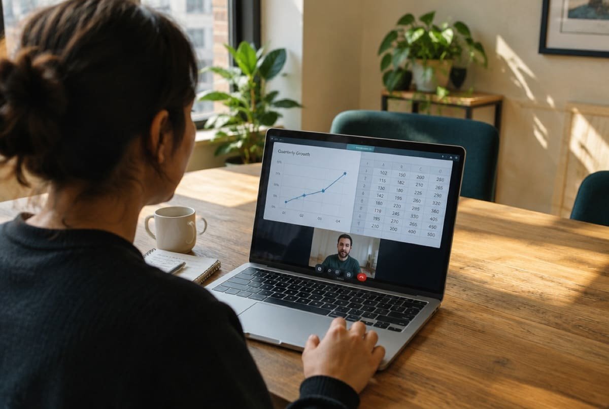 A senior strategist walking a client through a growth chart on a video call