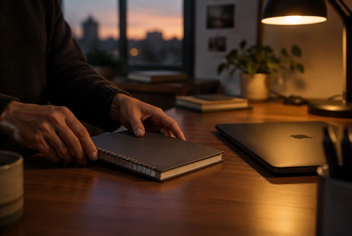 A notebook and a laptop on a desk at the end of the day.