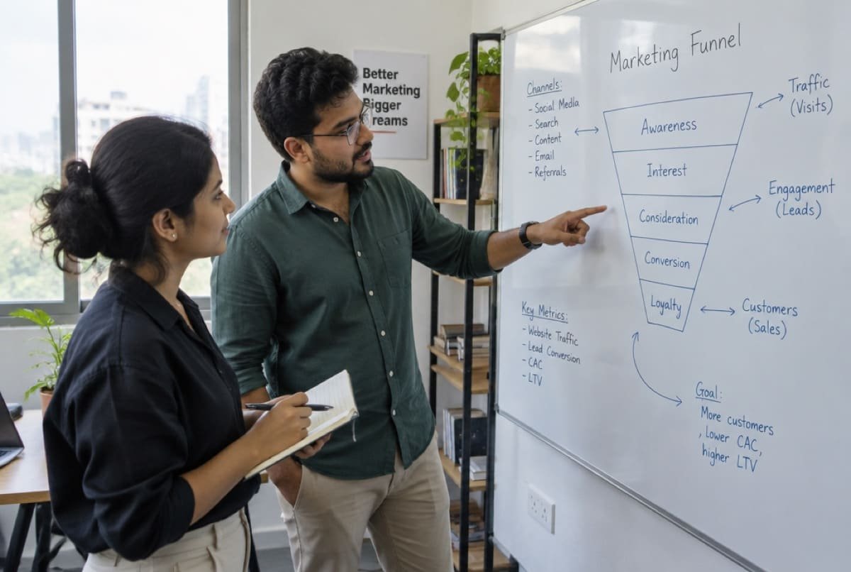 Two people at a whiteboard walking through a marketing funnel diagram together