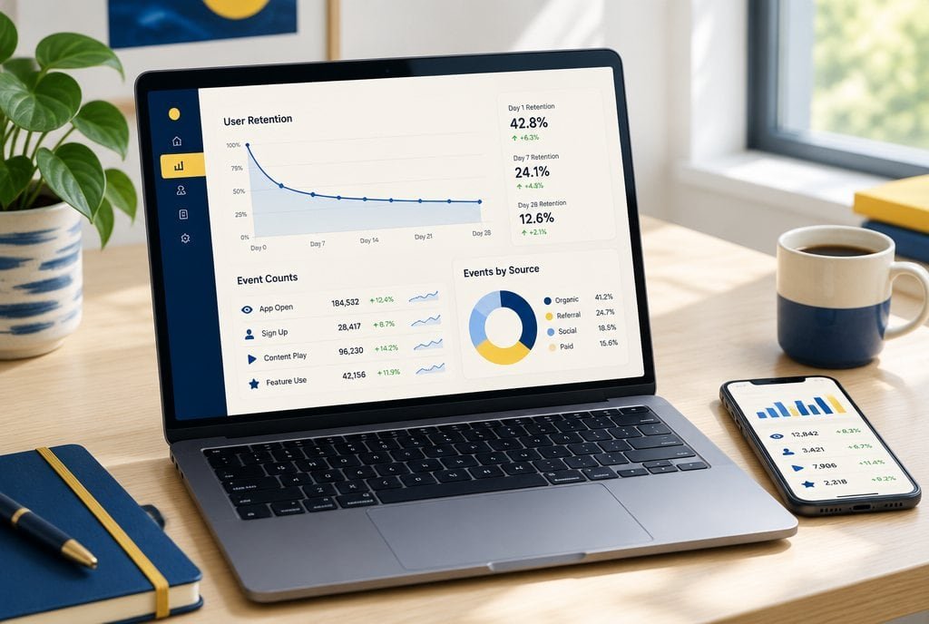 A laptop showing app user retention and event charts next to a phone