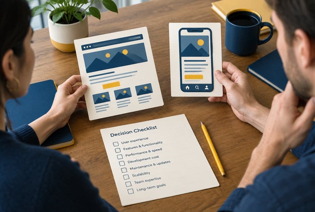 Two people comparing a website layout card and an app screen card with a decision checklist