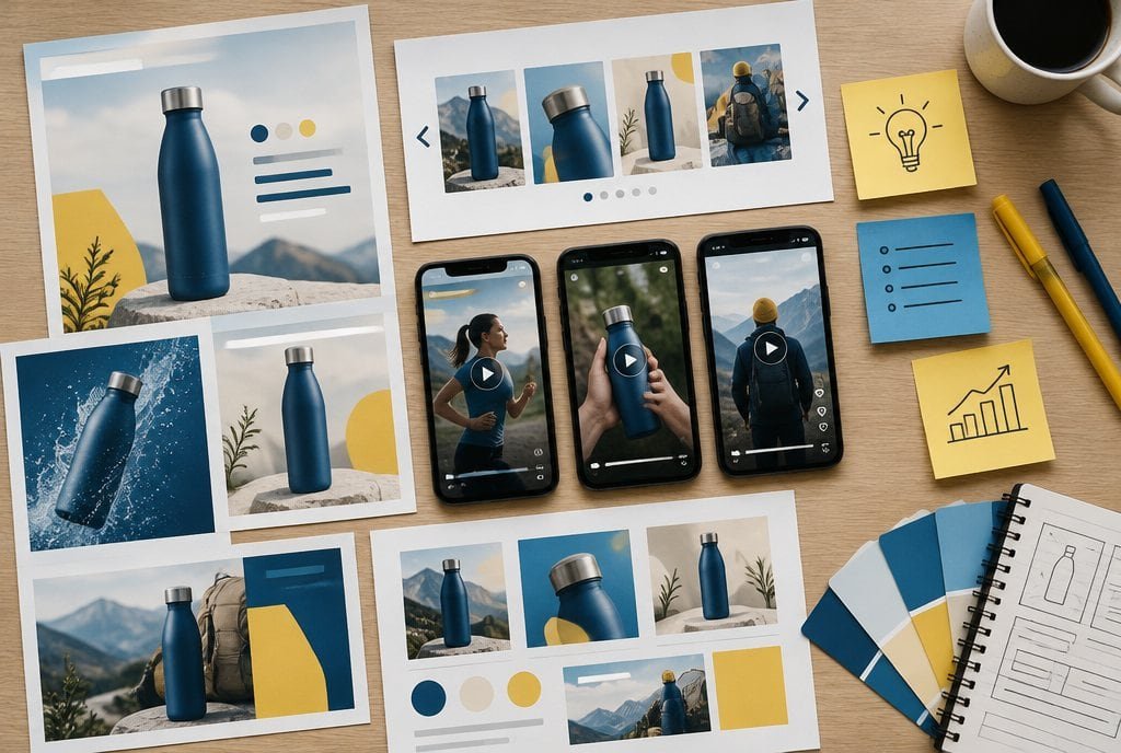 A flat lay of product photos, short video ads on phones and colour swatches for a water bottle brand