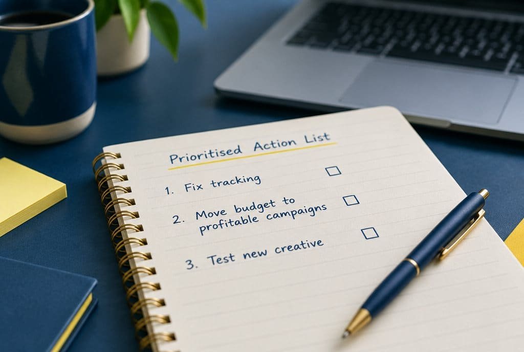 A notebook page with a prioritised action list of three next steps