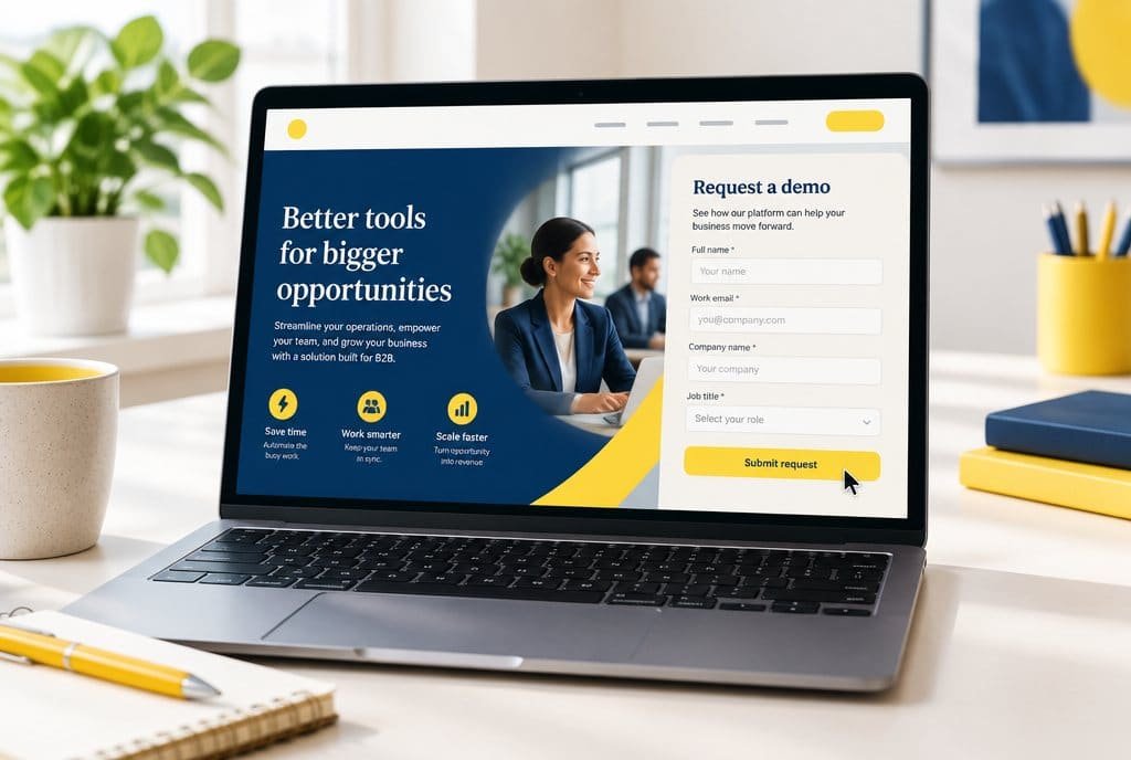A laptop showing a B2B landing page with a request a demo form