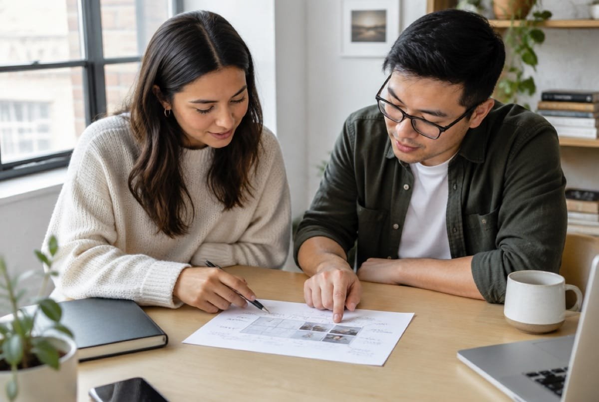 Two people reading a one-page brief together at a desk
