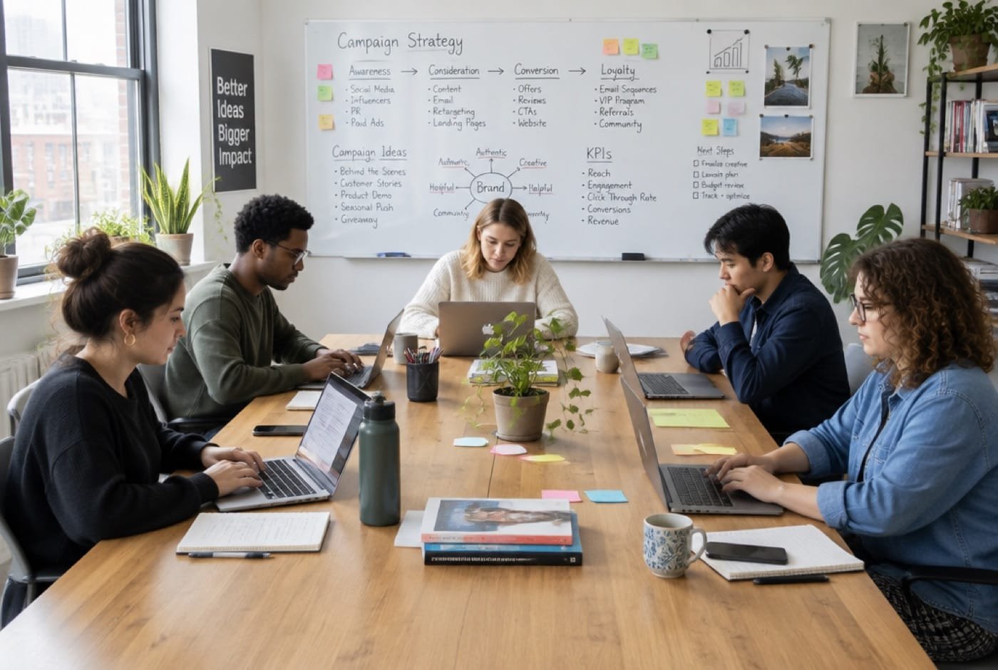 A team at a long studio table mid-review, laptops open and a whiteboard of plans behind them