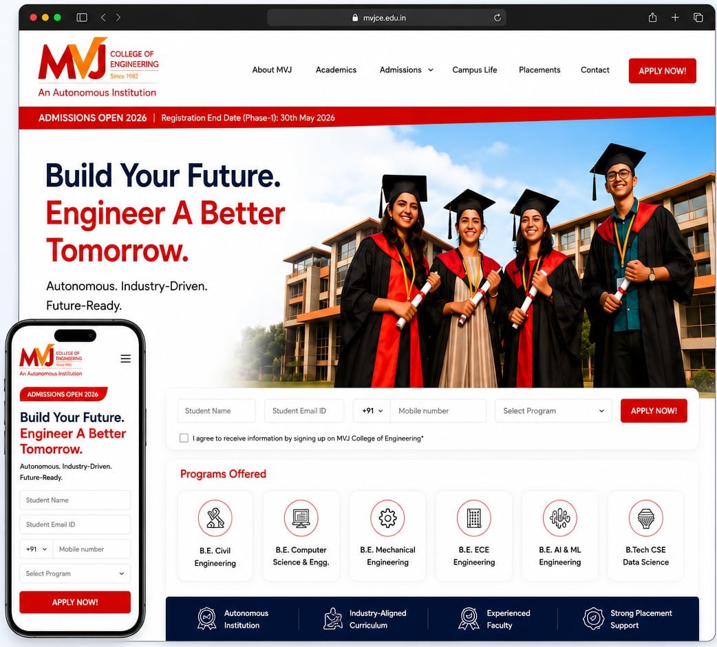 MVJ College of Engineering: the website we built, on desktop and phone