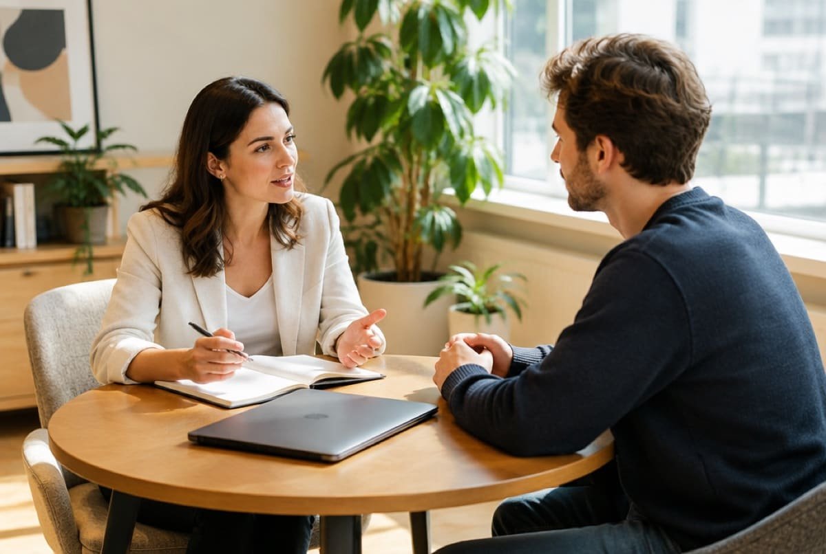 Two people at a round table working through a plan