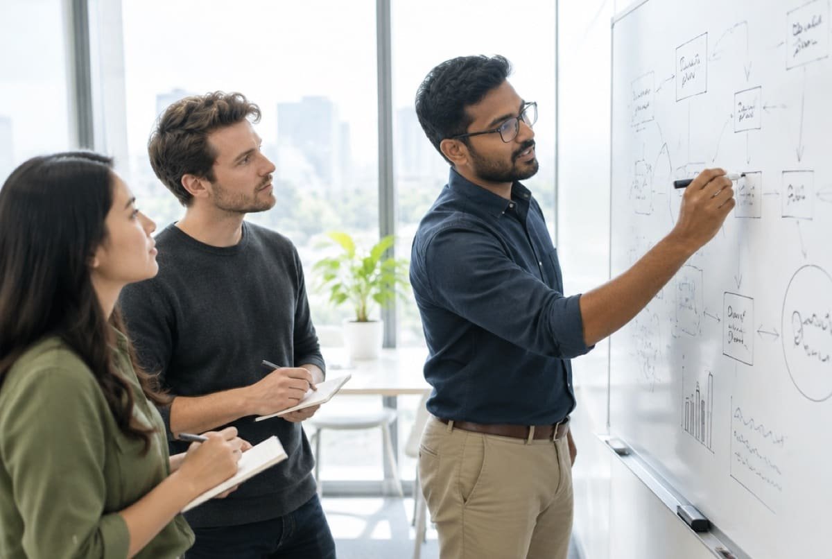 Three people shaping a plan together at a whiteboard