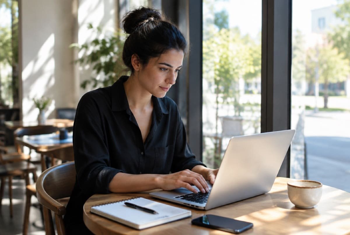 Someone writing a brief on a laptop at a studio desk