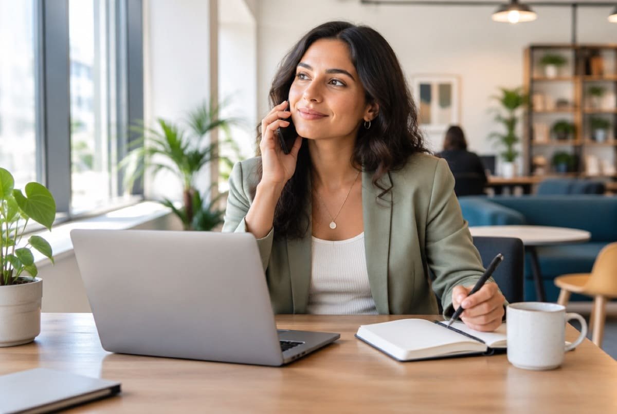 A strategist on the phone with a client, laptop and notes open