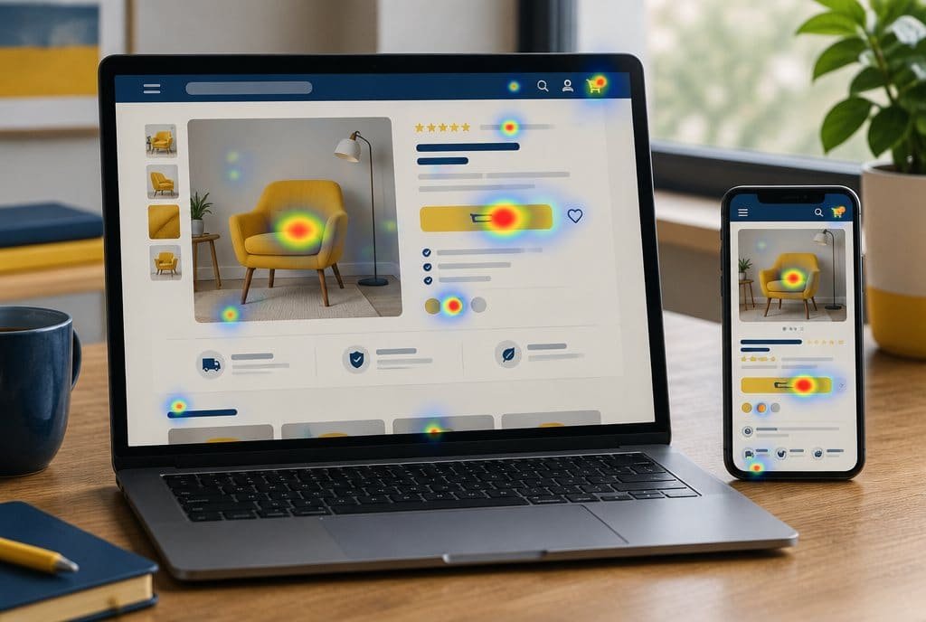 A product page being read on a laptop and a phone.