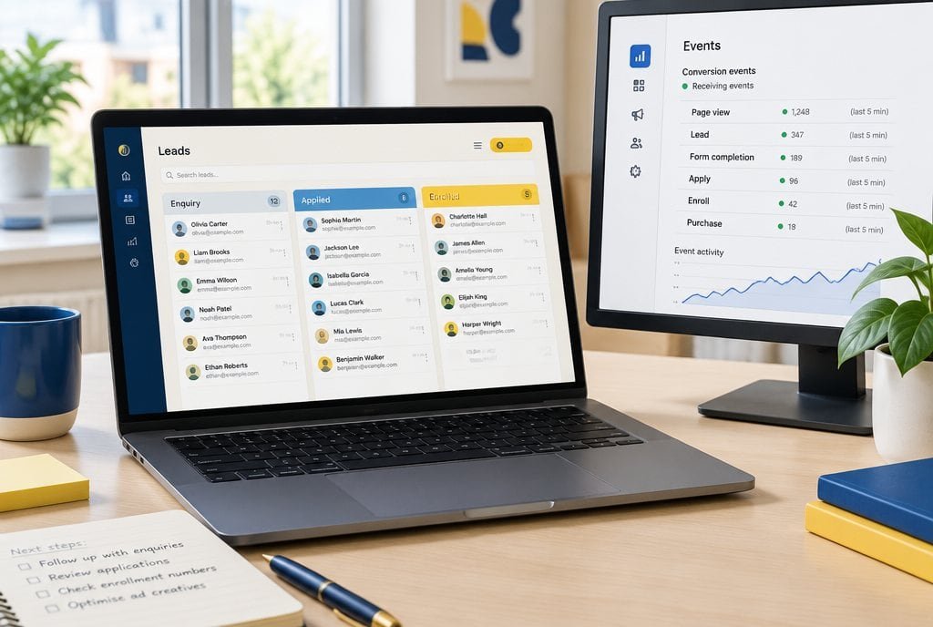 Admissions CRM view with enquiries and follow-up status