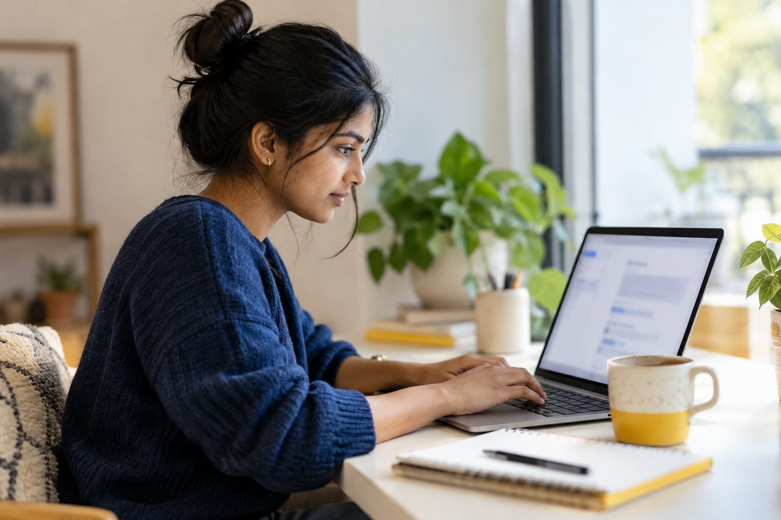 A person typing a question into an AI assistant chat on a laptop, with a notebook and a mug beside her.