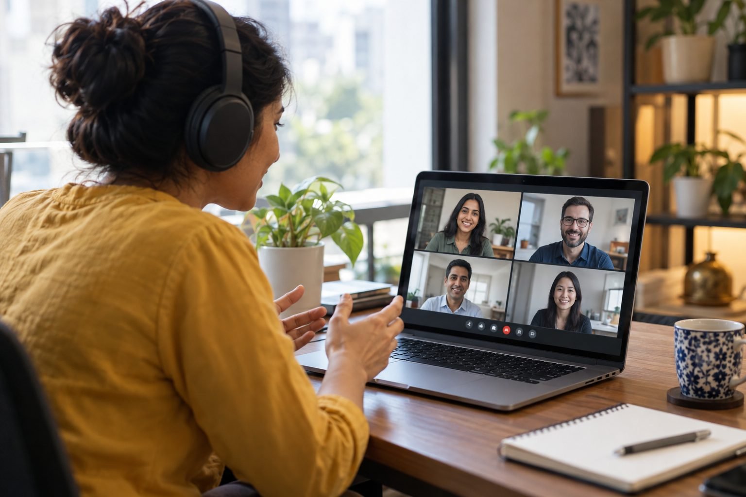 A person in headphones on a video call with four people shown on a laptop.