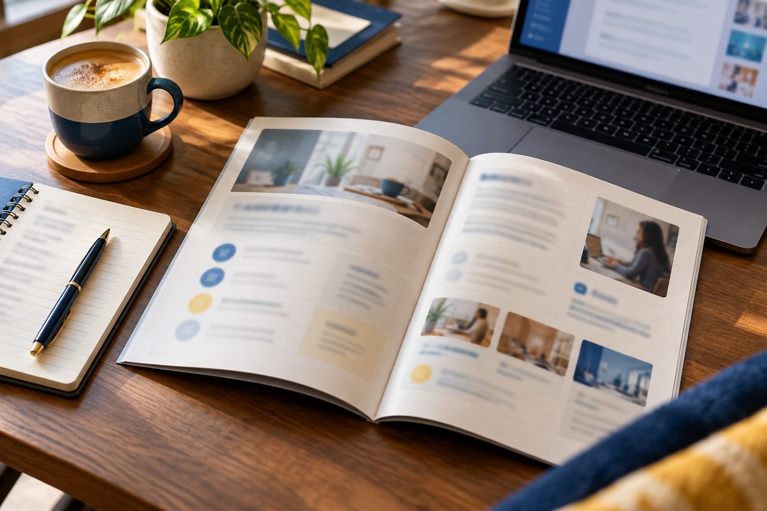 An open printed guide on a desk beside a notebook, a pen, a coffee and a laptop.