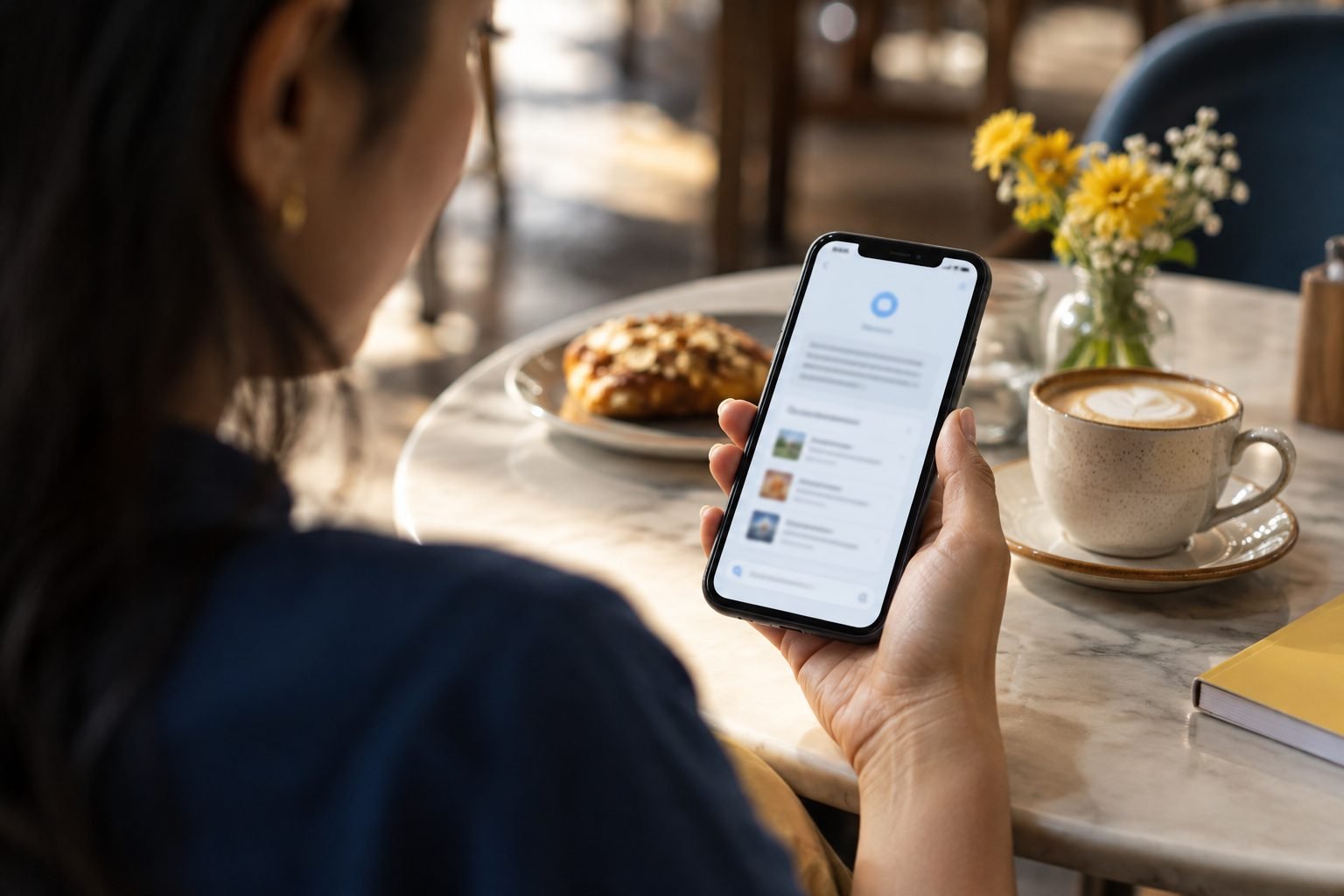 A person at a cafe table holding a phone that shows an AI assistant answer with a short list of sources.