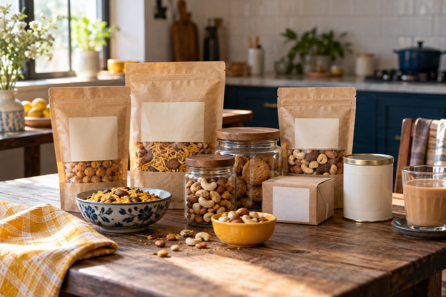 A kitchen table with snacks, nuts, cookies and tea in plain kraft pouches and glass jars.