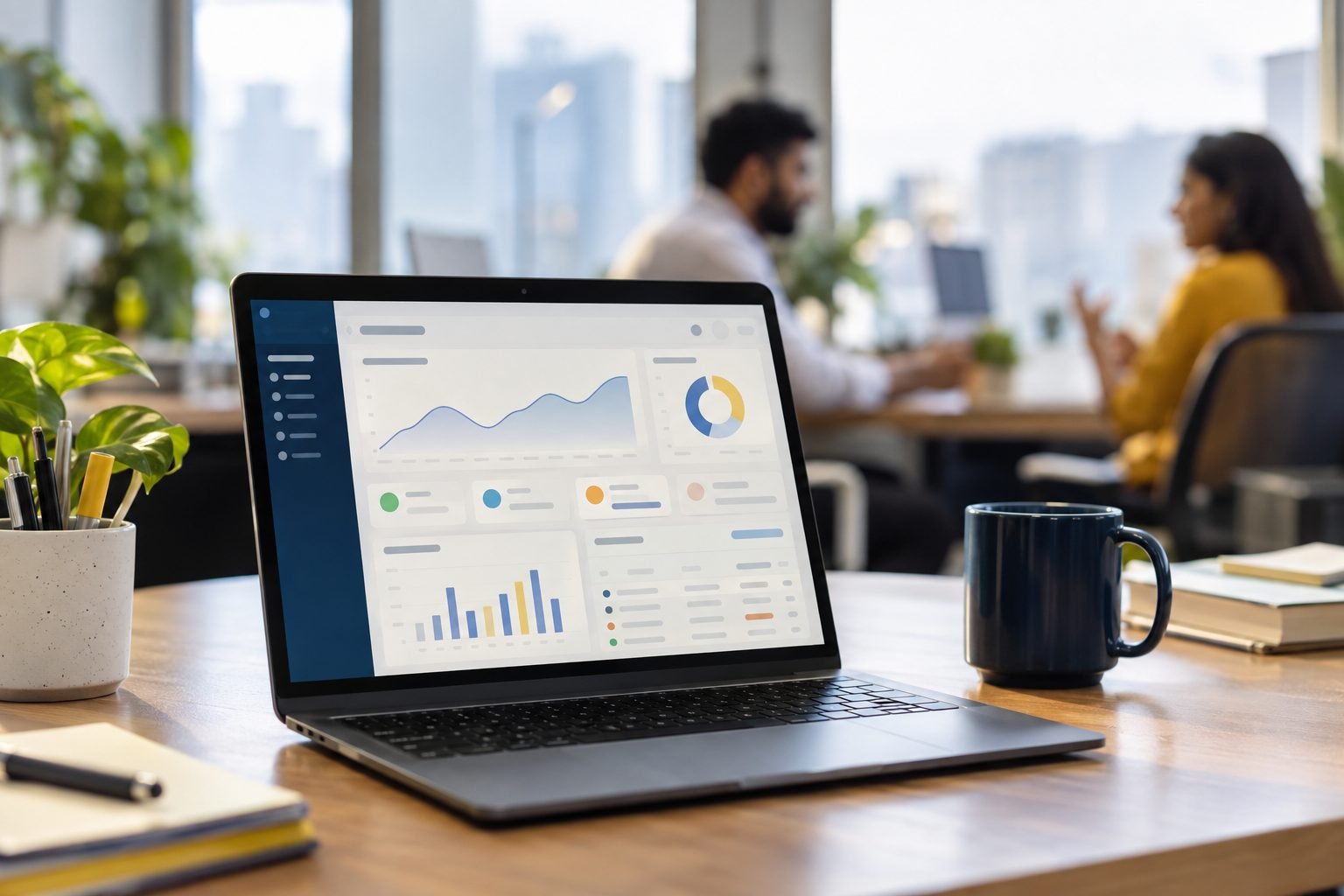 A laptop on an office desk showing a software dashboard with charts, two colleagues talking in the background.