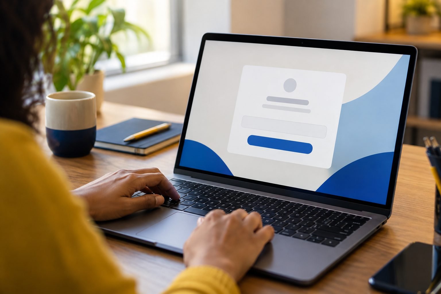 A person at a laptop with a short sign-up form on screen