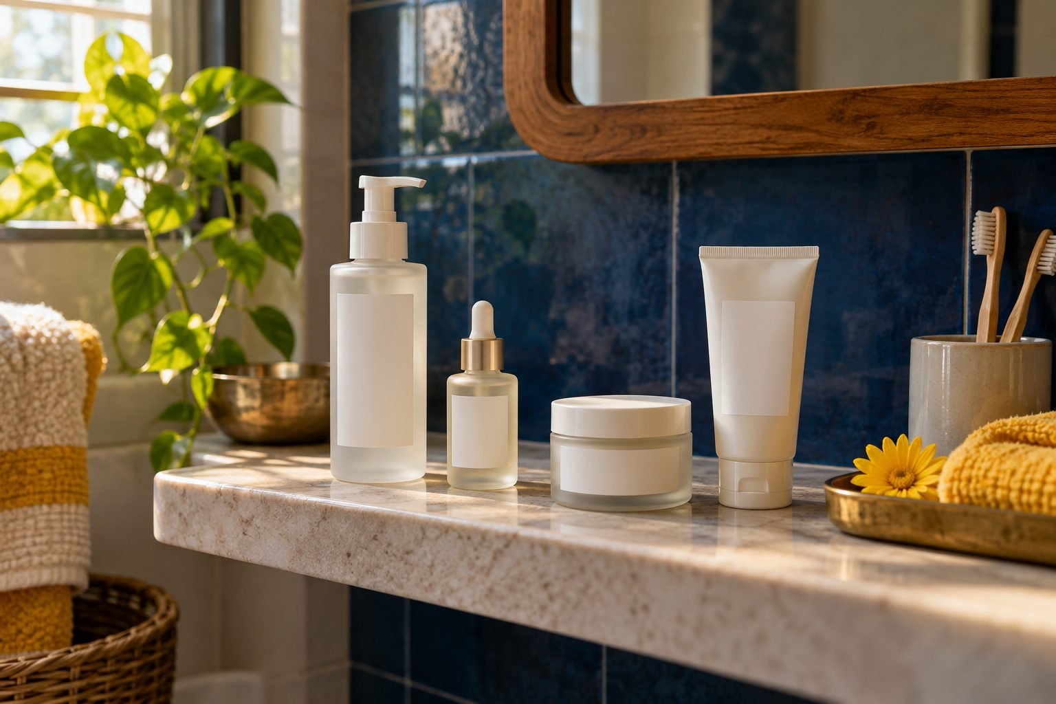 A bathroom shelf with a skincare routine in plain frosted bottles, a jar and a tube, in morning light.