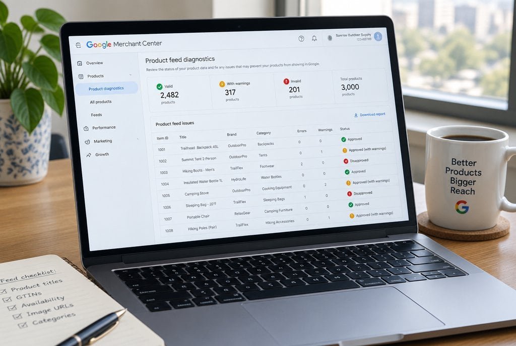 A laptop showing a Google Merchant Center product feed diagnostics page