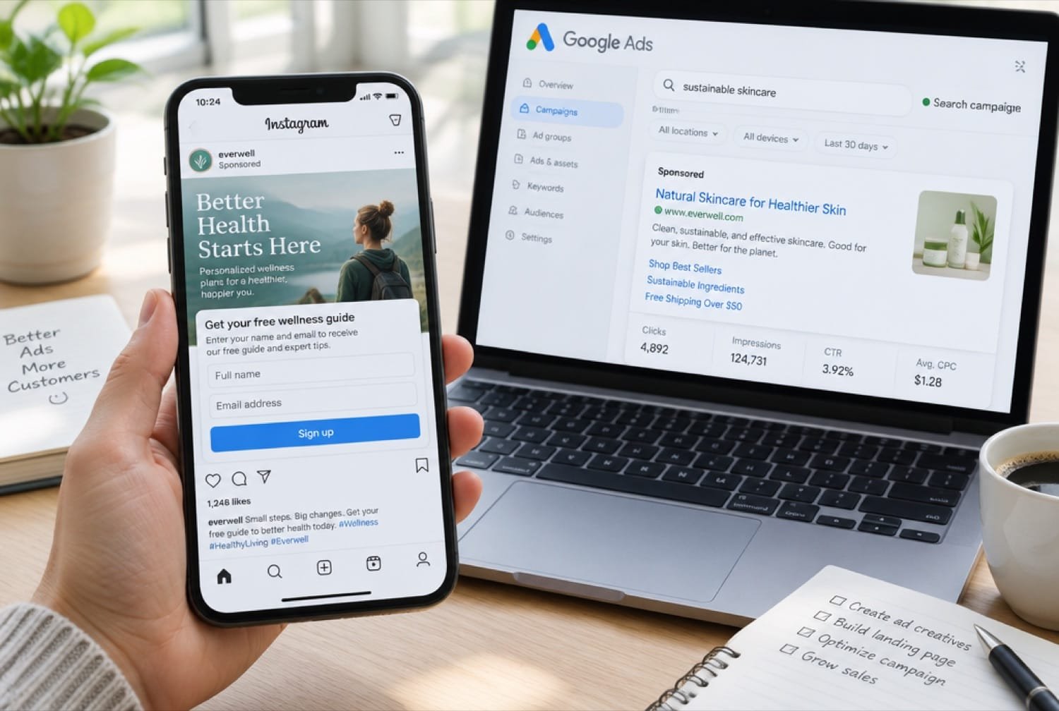 A phone showing a lead ad with a sign-up form next to a Google Ads screen