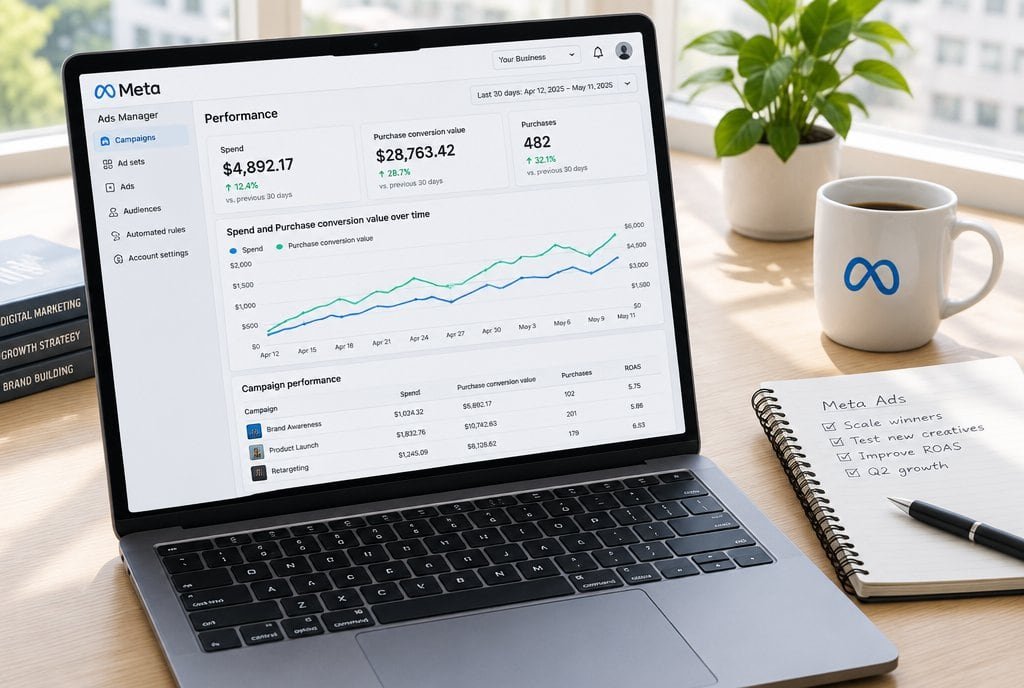 Meta Ads Manager style view of campaigns being scaled