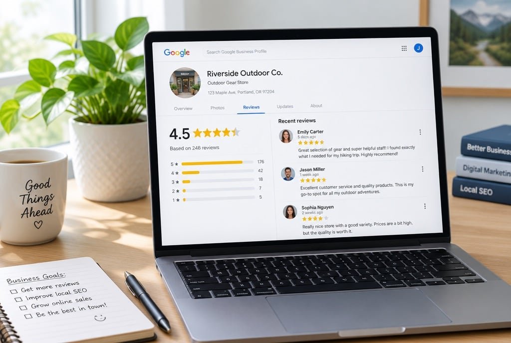 A laptop showing a Google Business Profile with a 4.5 star rating and recent reviews