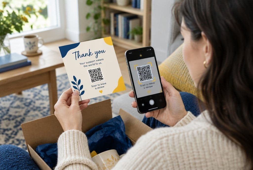 A customer scanning a thank-you card QR code with a phone from an opened delivery box