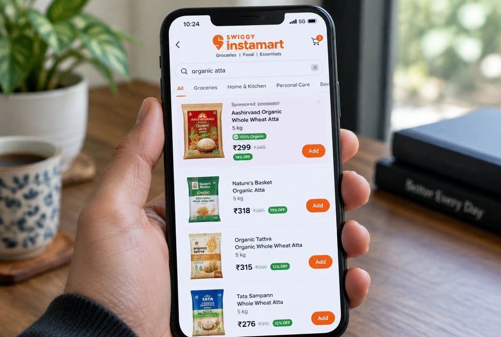 A hand holding a phone showing sponsored product results in the Instamart app
