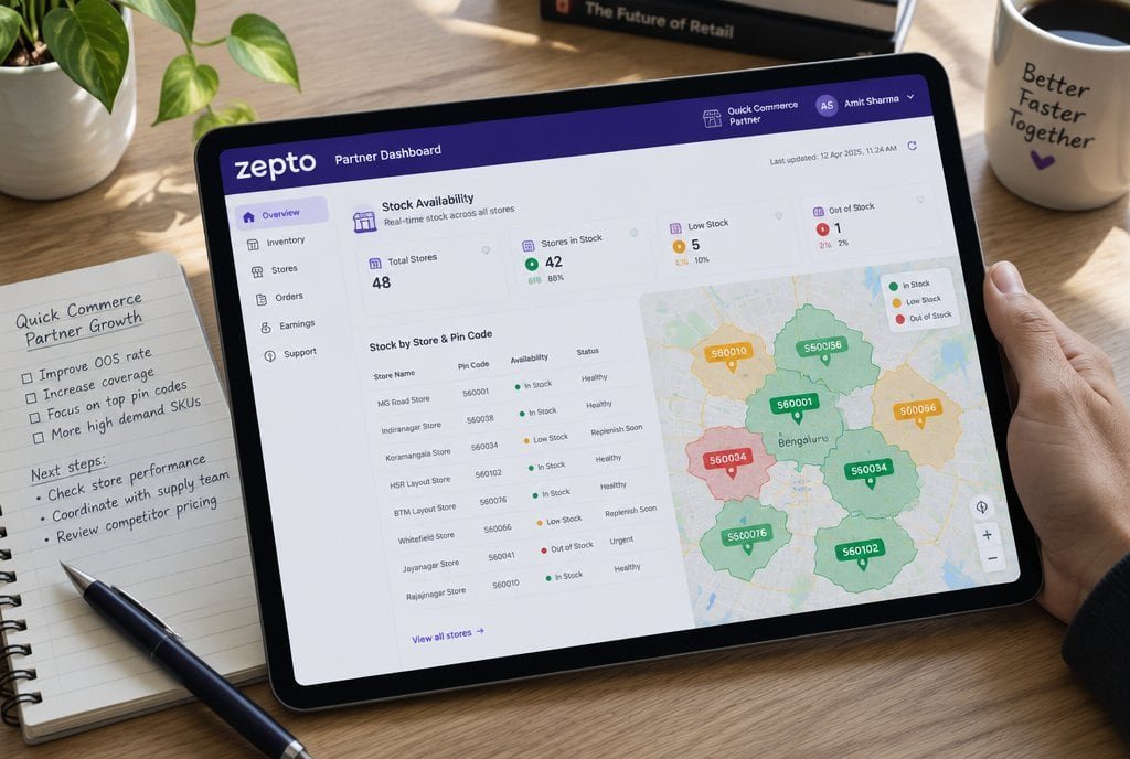 A tablet showing a Zepto partner dashboard with stock availability by pin code