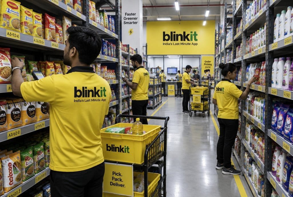 Blinkit staff picking items in a dark store aisle