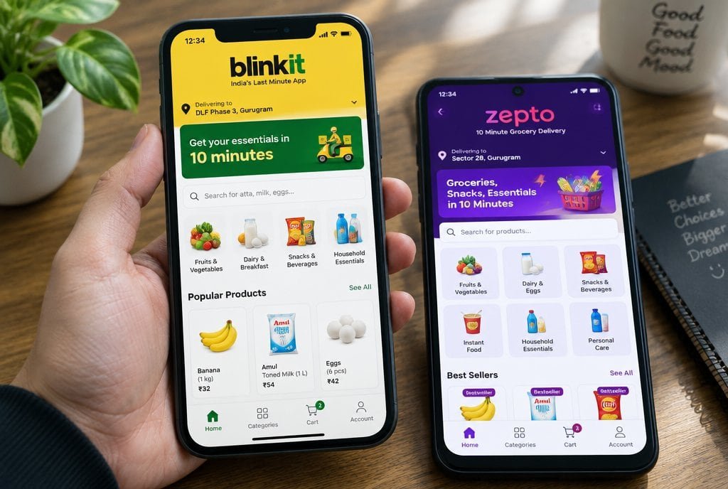 Two phones showing the Blinkit and Zepto home screens