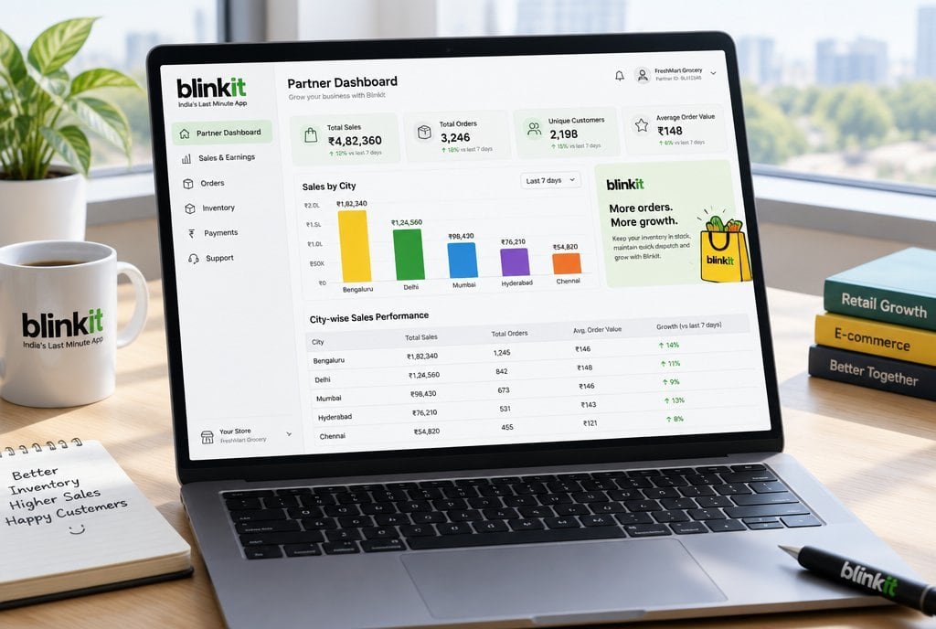 A laptop showing a Blinkit partner dashboard with sales by city