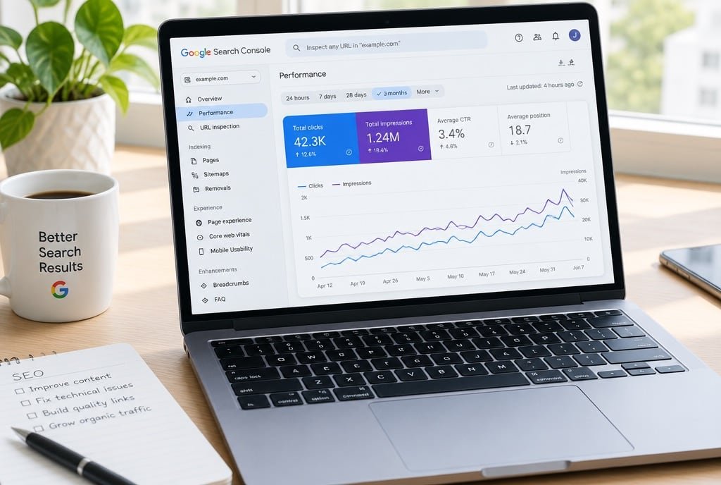 A laptop showing a Search Console performance chart that is trending up