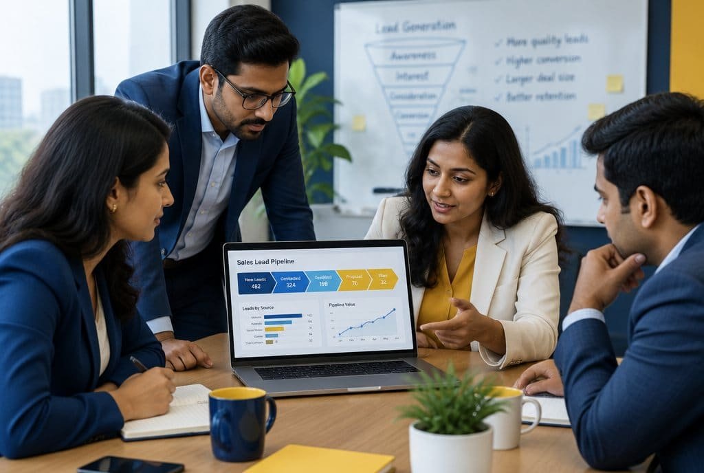 A B2B team around a laptop showing a sales pipeline, with a funnel diagram on the wall