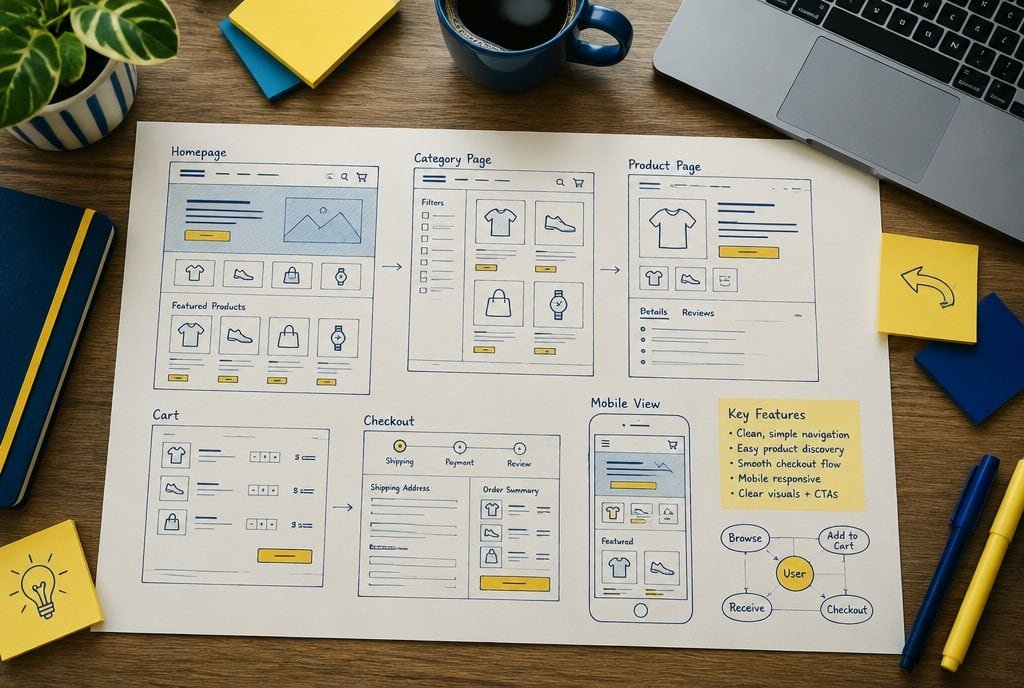 A sketched store plan of homepage, category, product, cart and checkout pages