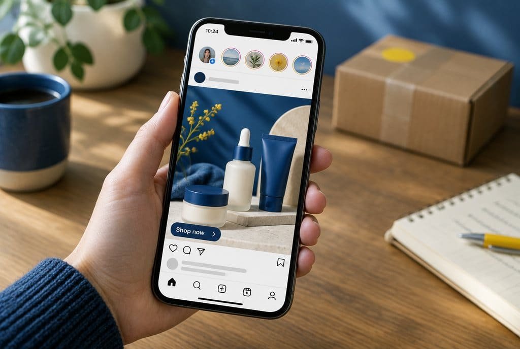A shopper scrolling a brand's ad on Instagram.