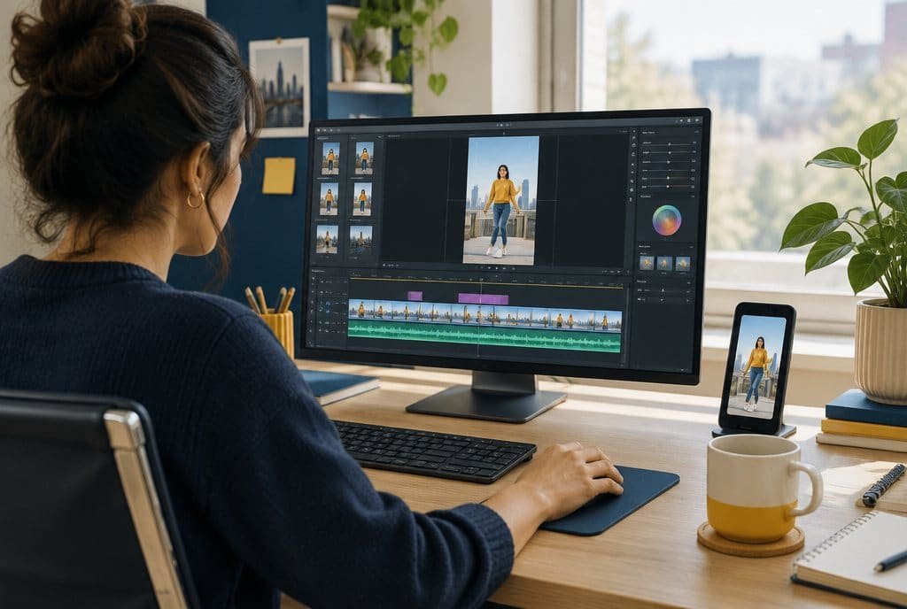A video editor cutting a vertical video on a monitor with a phone beside it